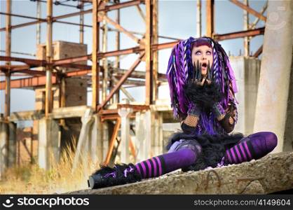 cyber gothic girl in the industrial environment. cyber gothic girl