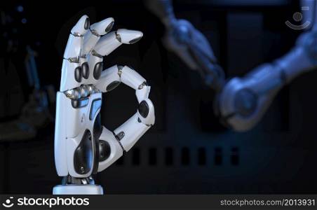 Cyber hand, robotic arm showing - OK, positive sign. 3D illustration. Cyber hand, robotic arm showing - OK