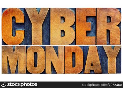 Cyber Monday - online shopping and marketing concept - isolated text in letterpress wood type printing blocks