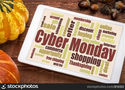 Cyber Monday word cloud on a digital tablet - a holiday online shopping concept