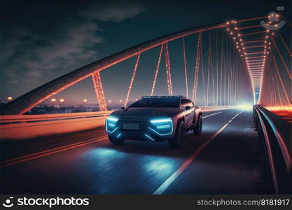 Cyber neon driving green power sport car with hybrid technology automotive. Concept of light glowing on dark city view in night life. Finest generative AI.. Cyber neon driving green power sport car with hybrid technology automotive.