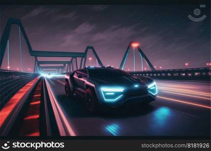 Cyber neon driving green power sport car with hybrid technology automotive. Concept of light glowing on dark city view in night life. Finest generative AI.. Cyber neon driving green power sport car with hybrid technology automotive.