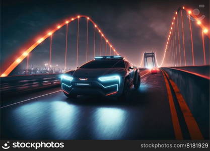 Cyber neon driving green power sport car with hybrid technology automotive. Concept of light glowing on dark city view in night life. Finest generative AI.. Cyber neon driving green power sport car with hybrid technology automotive.