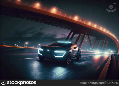 Cyber neon driving green power sport car with hybrid technology automotive. Concept of light glowing on dark city view in night life. Finest generative AI.. Cyber neon driving green power sport car with hybrid technology automotive.