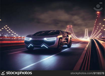 Cyber neon driving green power sport car with hybrid technology automotive. Concept of light glowing on dark city view in night life. Finest generative AI.. Cyber neon driving green power sport car with hybrid technology automotive.