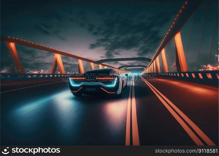 Cyber neon driving green power sport car with hybrid technology automotive. Concept of light glowing on dark city view in night life. Finest generative AI.. Cyber neon driving green power sport car with hybrid technology automotive.