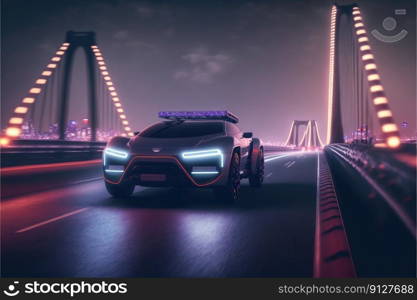 Cyber neon driving green power sport car with hybrid technology automotive. Concept of light glowing on dark city view in night life. Finest generative AI.. Cyber neon driving green power sport car with hybrid technology automotive.