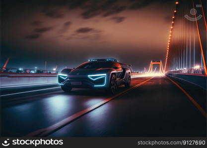 Cyber neon driving green power sport car with hybrid technology automotive. Concept of light glowing on dark city view in night life. Finest generative AI.. Cyber neon driving green power sport car with hybrid technology automotive.