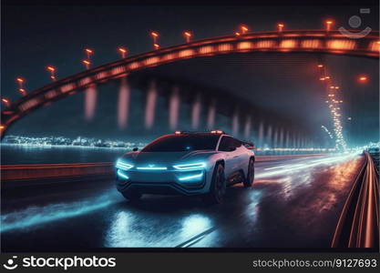 Cyber neon driving green power sport car with hybrid technology automotive. Concept of light glowing on dark city view in night life. Finest generative AI.. Cyber neon driving green power sport car with hybrid technology automotive.