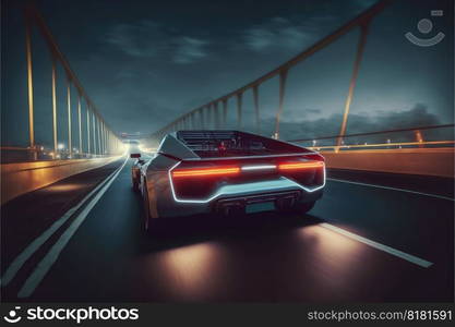 Cyber neon driving green power sport car with hybrid technology automotive in futuristic. Concept of light glowing on dark city view in night life. Finest generative AI.. Cyber neon driving green power sport car with hybrid technology in futuristic.