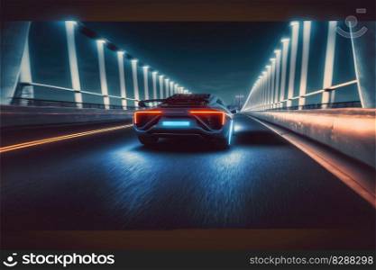 Cyber neon driving green power sport car with hybrid technology automotive in futuristic. Concept of light glowing on dark city view in night life. Finest generative AI.. Cyber neon driving green power sport car with hybrid technology in futuristic.