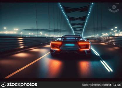 Cyber neon driving green power sport car with hybrid technology automotive in futuristic. Concept of light glowing on dark city view in night life. Finest generative AI.. Cyber neon driving green power sport car with hybrid technology in futuristic.