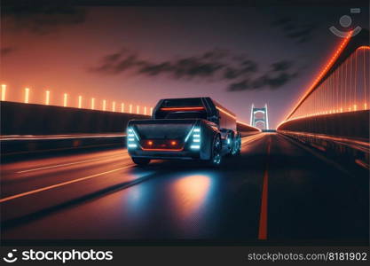 Cyber neon driving green power truck with hybrid technology automotive. Concept of light glowing pick up on dark city view in night life. Finest generative AI.. Cyber neon driving green power truck with hybrid technology automotive.