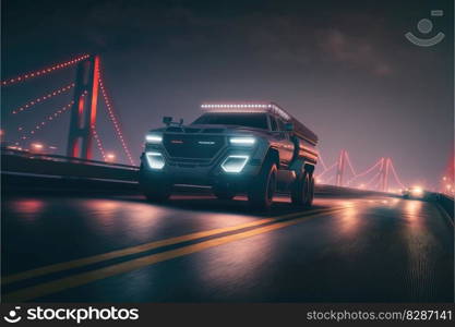 Cyber neon driving green power truck with hybrid technology automotive. Concept of light glowing pick up on dark city view in night life. Finest generative AI.. Cyber neon driving green power truck with hybrid technology automotive.