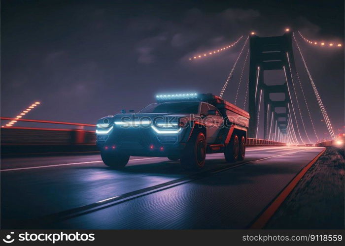 Cyber neon driving green power truck with hybrid technology automotive. Concept of light glowing pick up on dark city view in night life. Finest generative AI.. Cyber neon driving green power truck with hybrid technology automotive.