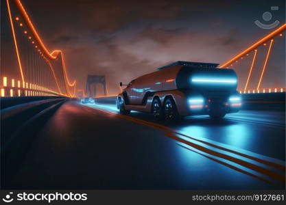 Cyber neon driving green power truck with hybrid technology automotive. Concept of light glowing pick up on dark city view in night life. Finest generative AI.. Cyber neon driving green power truck with hybrid technology automotive.