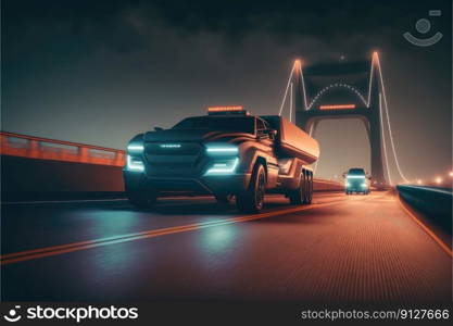 Cyber neon driving green power truck with hybrid technology automotive. Concept of light glowing pick up on dark city view in night life. Finest generative AI.. Cyber neon driving green power truck with hybrid technology automotive.