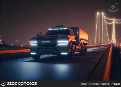 Cyber neon driving green power truck with hybrid technology automotive. Concept of light glowing pick up on dark city view in night life. Finest generative AI.. Cyber neon driving green power truck with hybrid technology automotive.