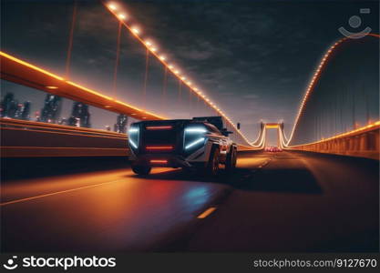 Cyber neon driving green power truck with hybrid technology automotive. Concept of light glowing pick up on dark city view in night life. Finest generative AI.. Cyber neon driving green power truck with hybrid technology automotive.