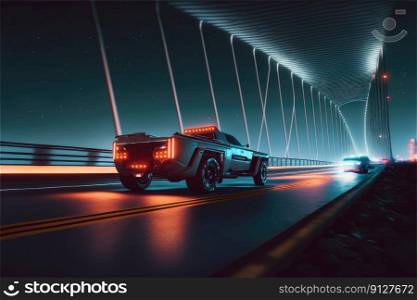 Cyber neon driving green power truck with hybrid technology automotive. Concept of light glowing pick up on dark city view in night life. Finest generative AI.. Cyber neon driving green power truck with hybrid technology automotive.