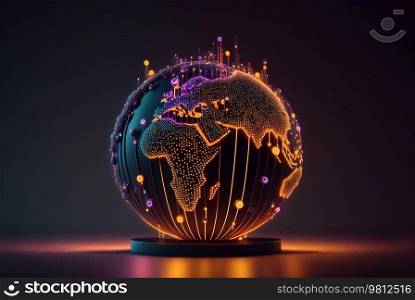 Cyber network with neon dots and lines, global network concept, earth map. Illustration