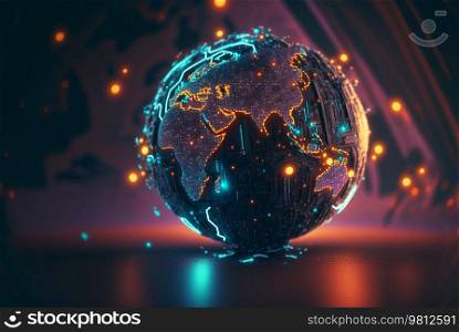 Cyber network with neon dots and lines, global network concept, earth map. Illustration
