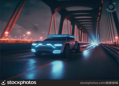 Cyber≠on driving green power sport car with hybrid technology automotive. Concept of light glowing on dark city view in night life. Fi≠st≥≠rative AI.. Cyber≠on driving green power sport car with hybrid technology automotive.