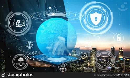 Cyber Security and Digital Data Protection Concept. Icon graphic interface showing secure firewall technology for online data access defense against hacker, virus and insecure information for privacy.. Cyber Security and Digital Data Protection Concept