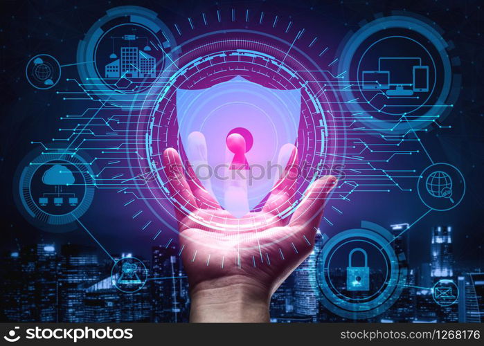 Cyber Security and Digital Data Protection Concept. Icon graphic interface showing secure firewall technology for online data access defense against hacker, virus and insecure information for privacy.