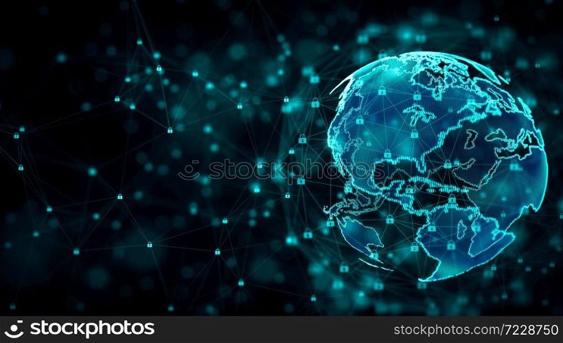 Cyber security and information network protection with lock icon. Future technology network for business and internet marketing concept. Earth element furnished by Nasa