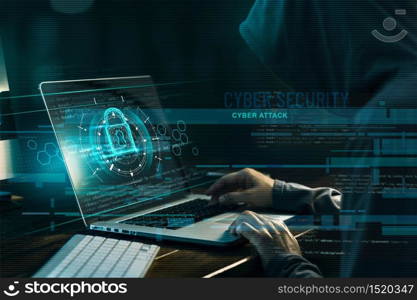 Cyber security concept. Internet crime. Hacker working on a code and network with lock icon on digital interface virtual screen dark digital background.