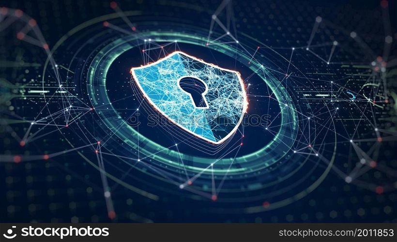 Cyber security concept. Shield With Keyhole icon on digital data background. Illustrates cyber data security or information privacy idea. Blue abstract hi speed internet technology. 3D Rendering.