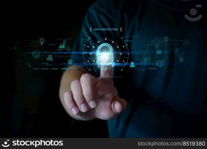 Cyber security network. Padlock icon and internet technology networking. Businessman protecting data personal information on tablet and virtual interface. Data protection privacy concept. GDPR. EU.