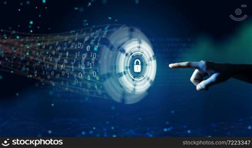 Cyber Security Privacy, Information Privacy, and Data Protection in High Technology System. Businessman touching hologram screen to protect data from cyber attacking. Business and Network security concept.