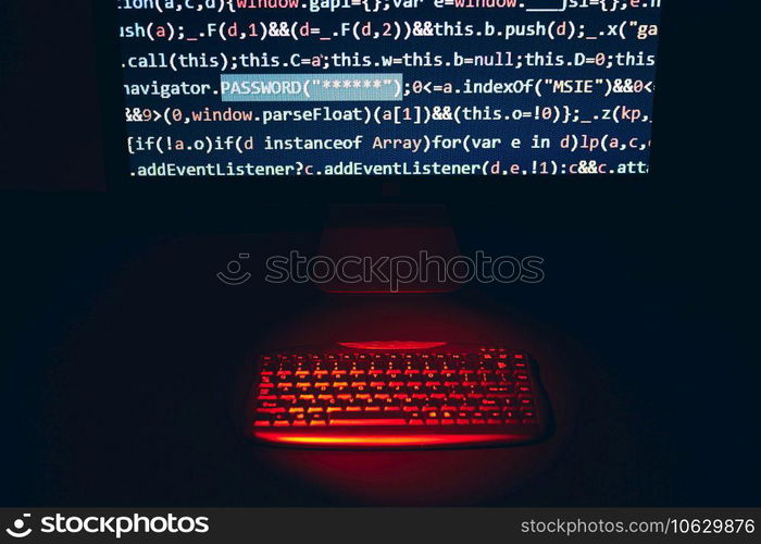 Cyber security. Program code on screen. Using computer and programming to break code. Cyber security threat. Internet and network security. Stealing private information. Person using technology to steal password and private data. Cyber attack