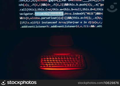 Cyber security. Program code on screen. Using computer and programming to break code. Cyber security threat. Internet and network security. Stealing private information. Person using technology to steal password and private data. Cyber attack