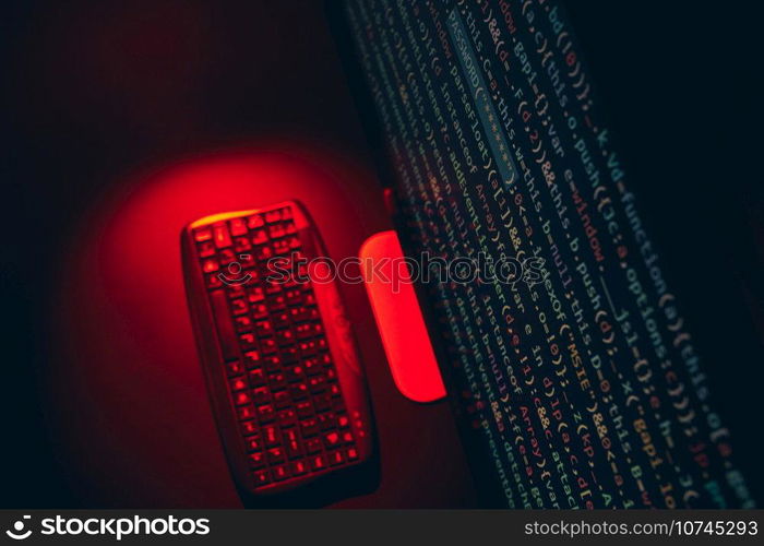 Cyber security. Program code on screen. Using computer and programming to break code. Cyber security threat. Internet and network security. Stealing private information. Person using technology to steal password and private data. Cyber attack