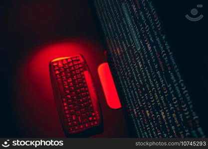 Cyber security. Program code on screen. Using computer and programming to break code. Cyber security threat. Internet and network security. Stealing private information. Person using technology to steal password and private data. Cyber attack