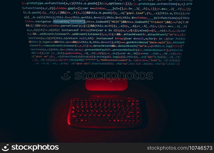 Cyber security. Program code on screen. Using computer and programming to break code. Cyber security threat. Internet and network security. Stealing private information. Person using technology to steal password and private data. Cyber attack