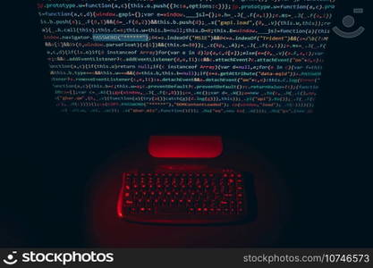 Cyber security. Program code on screen. Using computer and programming to break code. Cyber security threat. Internet and network security. Stealing private information. Person using technology to steal password and private data. Cyber attack