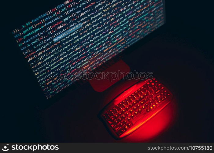 Cyber security. Program code on screen. Using computer and programming to break code. Cyber security threat. Internet and network security. Stealing private information. Person using technology to steal password and private data. Cyber attack