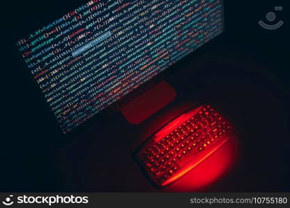 Cyber security. Program code on screen. Using computer and programming to break code. Cyber security threat. Internet and network security. Stealing private information. Person using technology to steal password and private data. Cyber attack