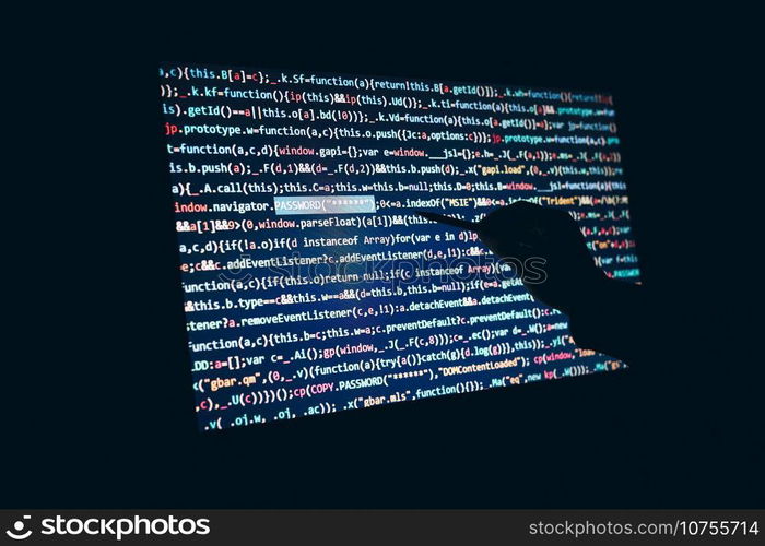 Cyber security. Screen with program code. Using computer and programming to break code. Internet and network security. Stealing private information. Person using technology to steal password and private data. Cyber attack crime