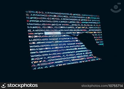 Cyber security. Screen with program code. Using computer and programming to break code. Internet and network security. Stealing private information. Person using technology to steal password and private data. Cyber attack crime