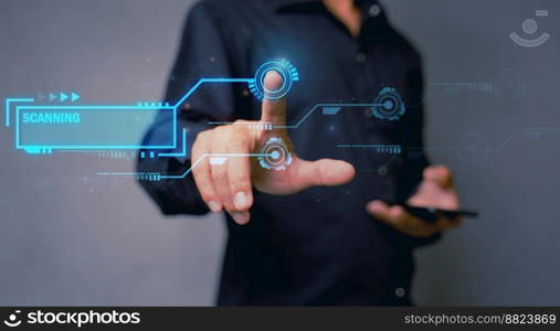 Cyber security, Technology safety of future and Biometric identification on internet, Fingerprint scan provides access of security and identification of business, Banking and finance, Cloud computing 