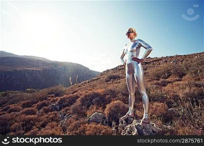 Cyber woman in the mountains