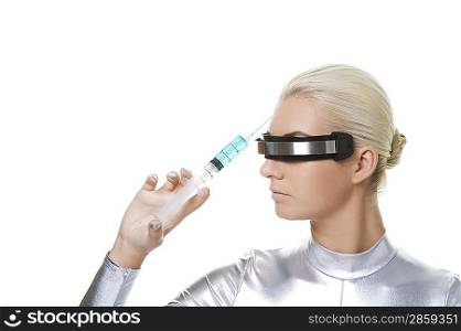 Cyber woman making botox injection