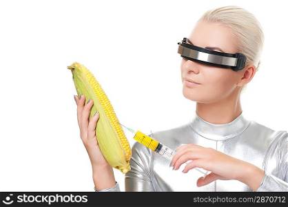 Cyber woman taking a vitamins from corn