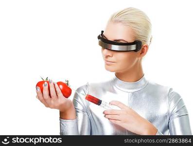 Cyber woman taking vitamins from tomatoes
