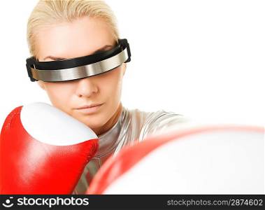 Cyber woman with a red boxing gloves